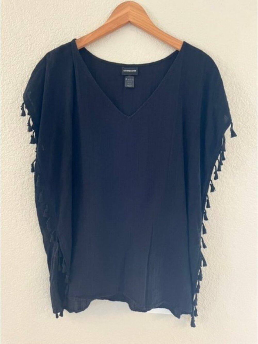 Cover 2 Cover Womens Black Cotton Tassel Trim Swim Cover Up Top TG17187 XS